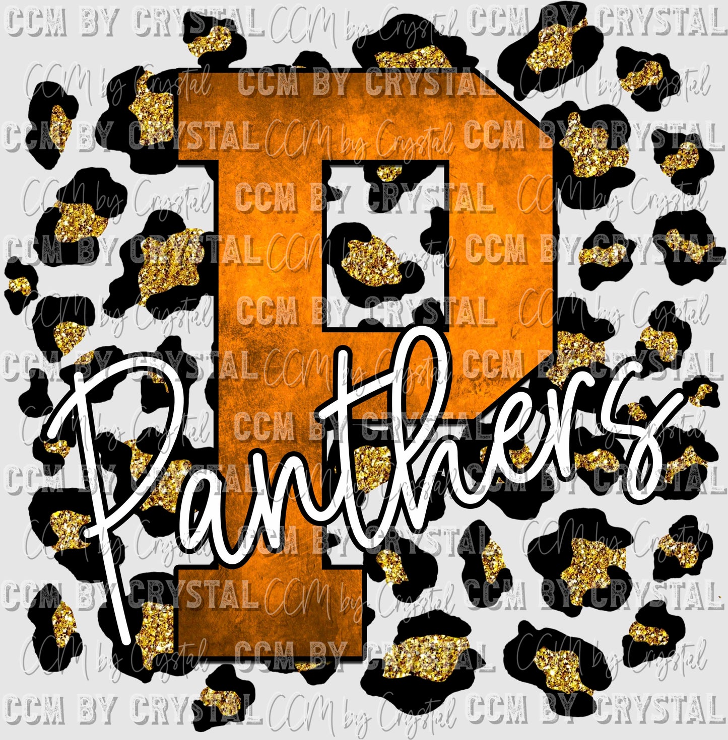 P Panthers Orange with Gold Glitter Leopard Background Mascot Ready to Press Transfer