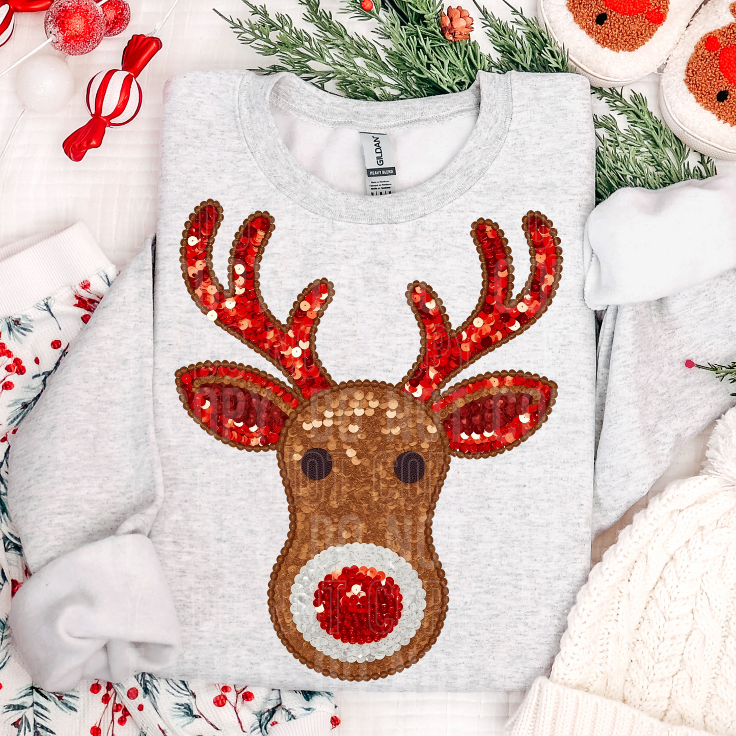 Reindeer Face Rudolph Christmas Faux Fake Sequin Ready to Press Transfer DTF Transfer Sublimation Transfer