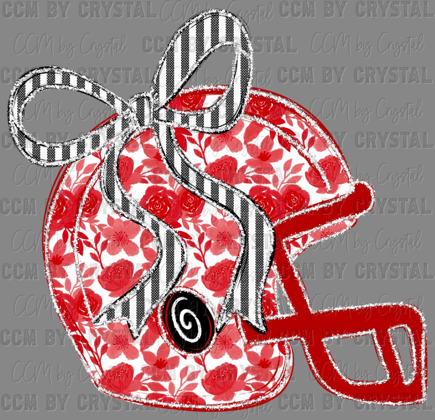 Helmet Football Floral Red Bow Faux Glitter Sports Mascot Ready to Press Transfer DTF Transfer Sublimation Transfer