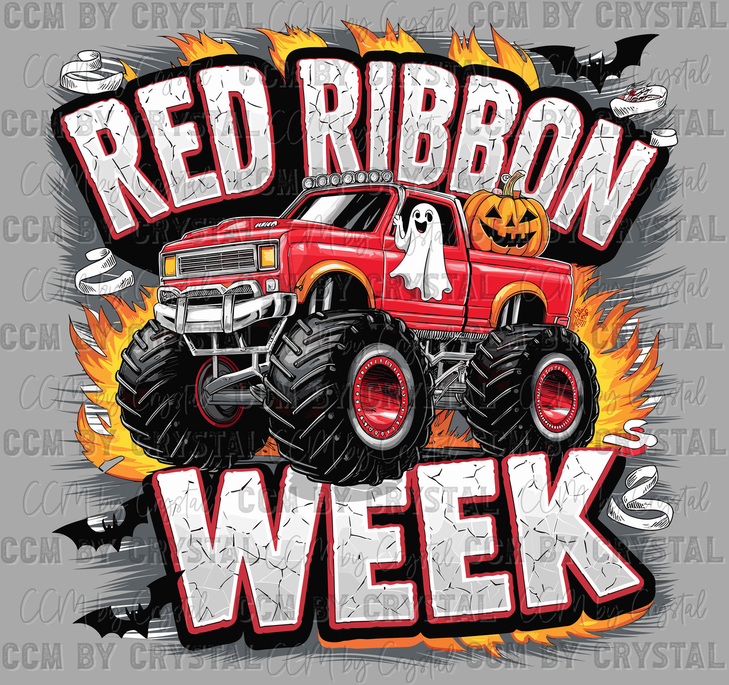 Red Ribbon Week Ghost Halloween Monster Truck Ready to Press Transfer DTF Transfer Sublimation Transfer