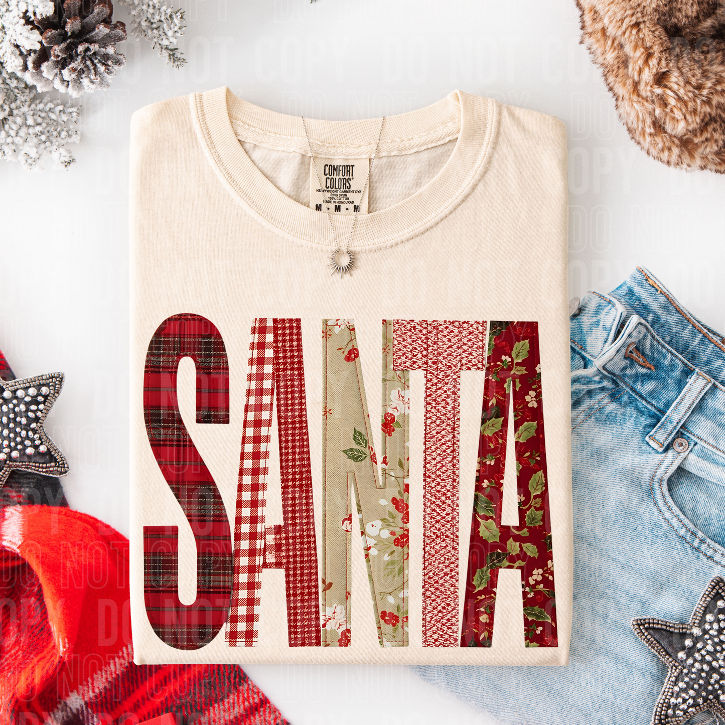 Santa Christmas Floral Faux Fake Patch Ready to Press Transfer DTF Transfer Sublimation Transfer