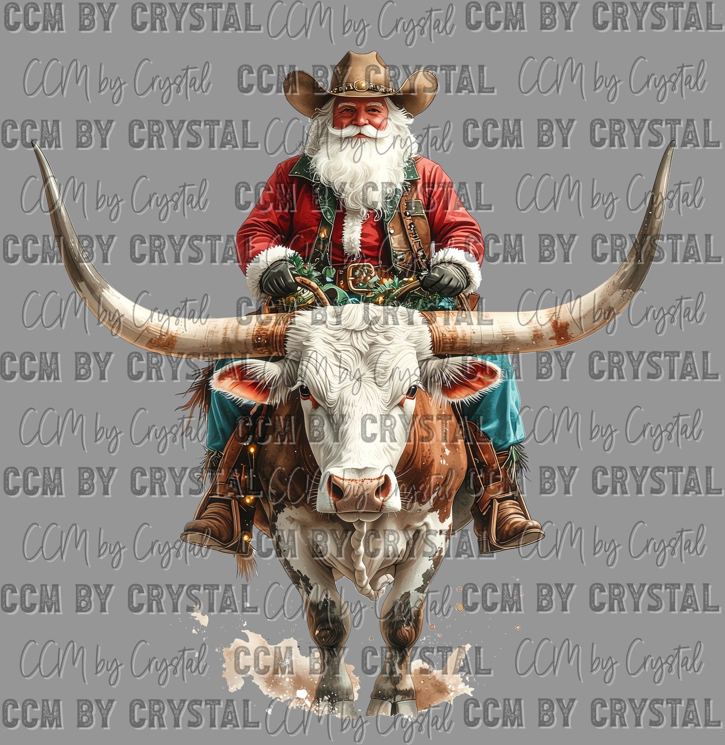 Santa Longhorn Bull Western Christmas Ready to Press Transfer DTF Transfer Sublimation Transfer