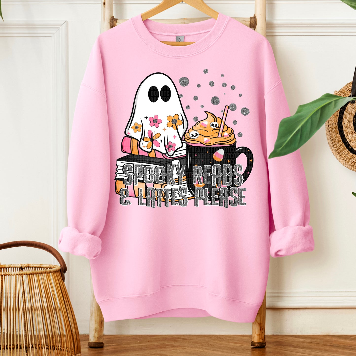 Spooky Reads & Lattes Please Ghost Books Halloween Ready to Press Transfer DTF Transfer Sublimation Transfer