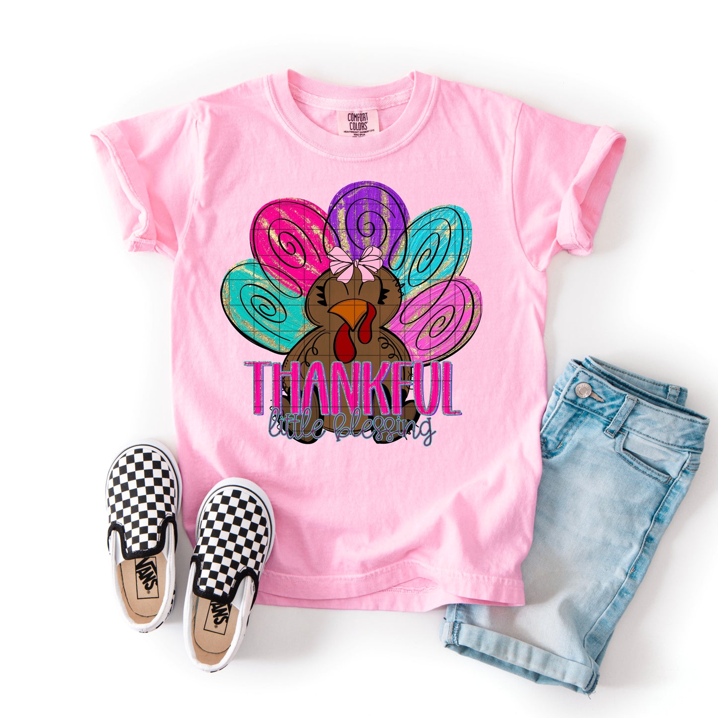 Thankful Pink Girl Turkey Thanksgiving Fall Ready to Press Transfer DTF Transfer Sublimation Transfer