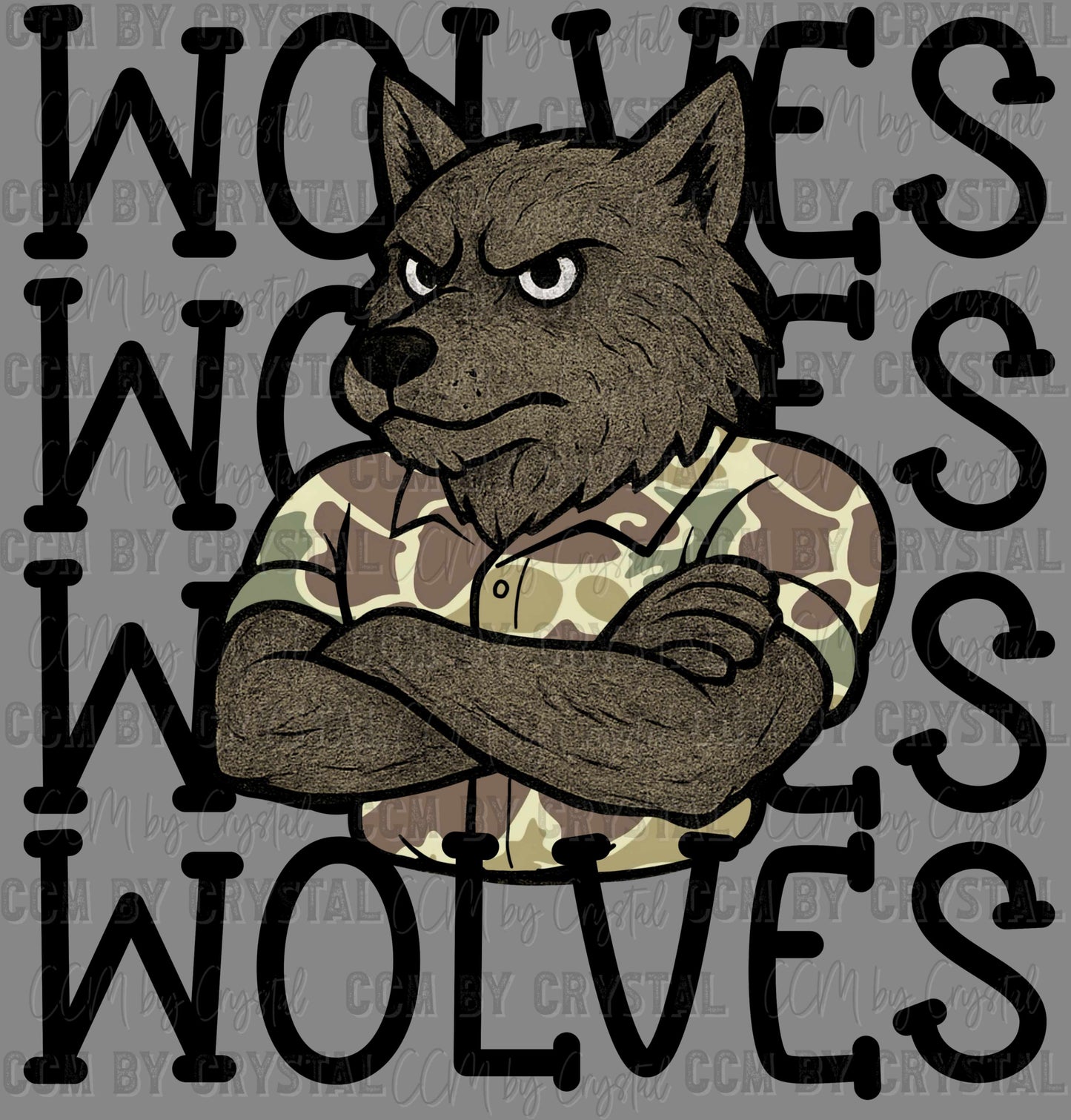 Wolves Camo Stacked Sports Mascot Ready to Press Transfer DTF Transfer Sublimation Transfer