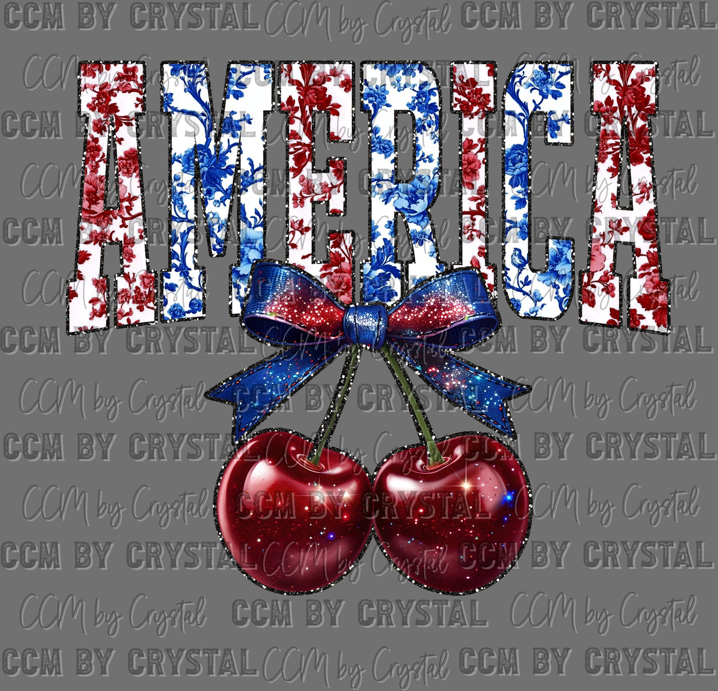 Floral America Cherries Faux Glitter USA Patriotic 4th of July Ready to Press Instant Peel DTF Transfers Sublimation Transfers