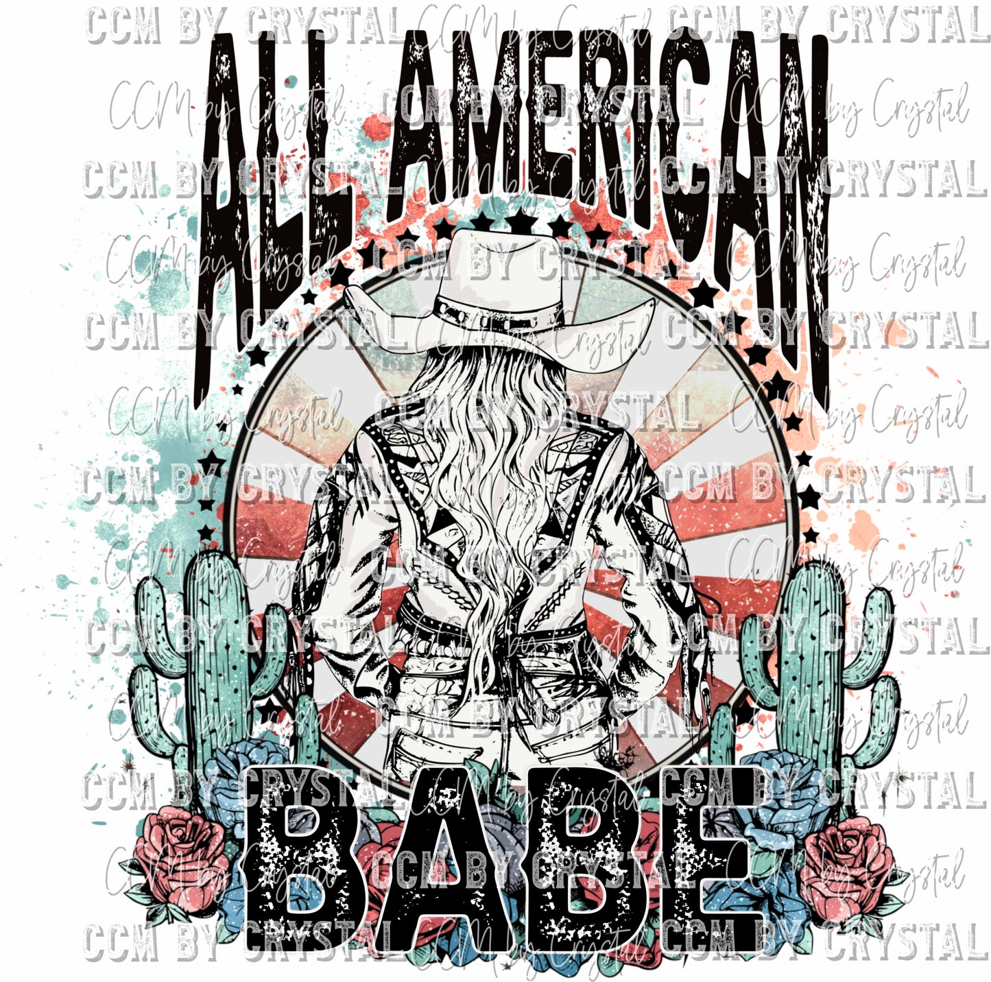 All American Babe Cowgirl Cactus Fourth of July Patriotic Western Ready to Press Transfer