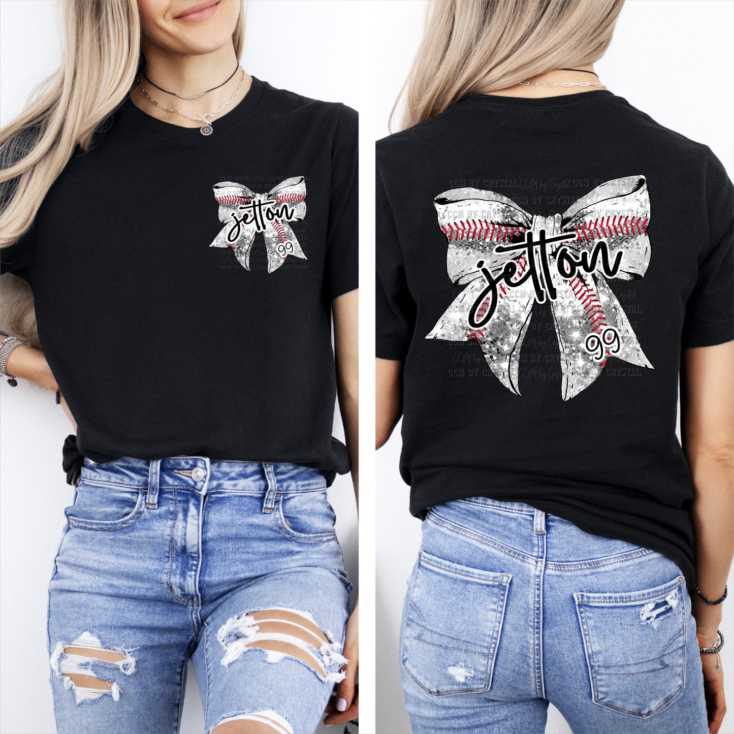 Personalized Baseball Bow Faux Glitter T-Shirt