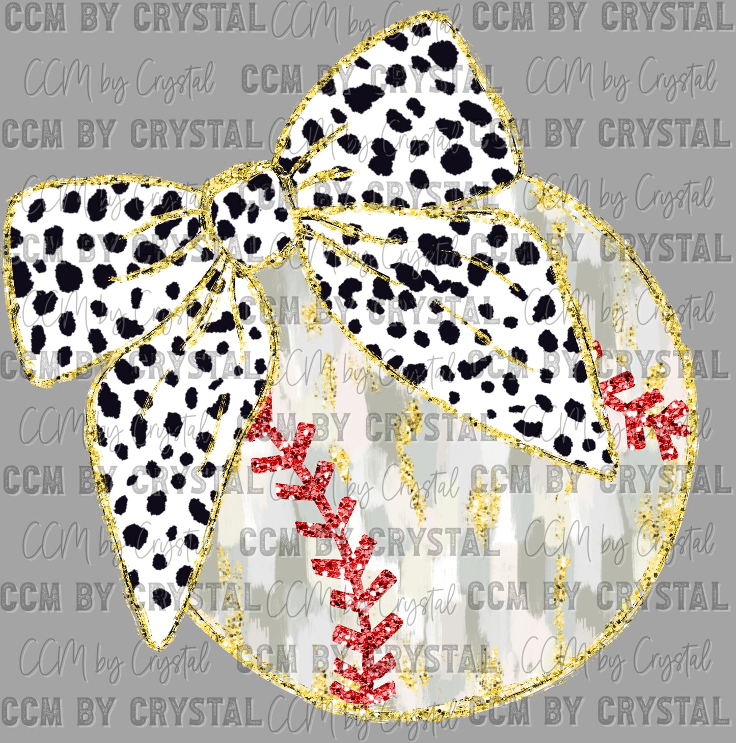 Baseball Brushstrokes with Bow Faux Glitter Ready to Press Transfer DTF Transfer Sublimation Transfer