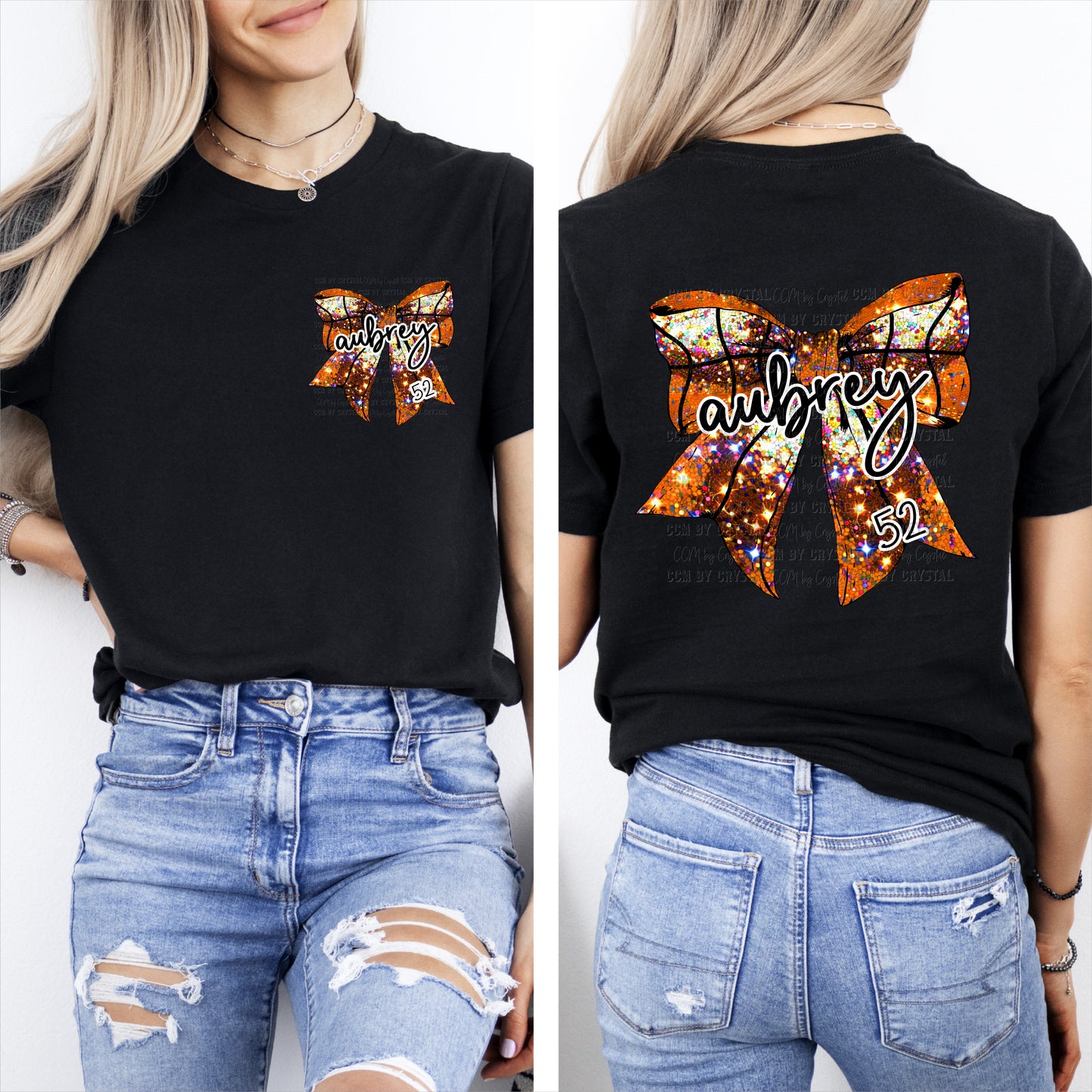 Personalized Basketball Bow Faux Glitter T-Shirt