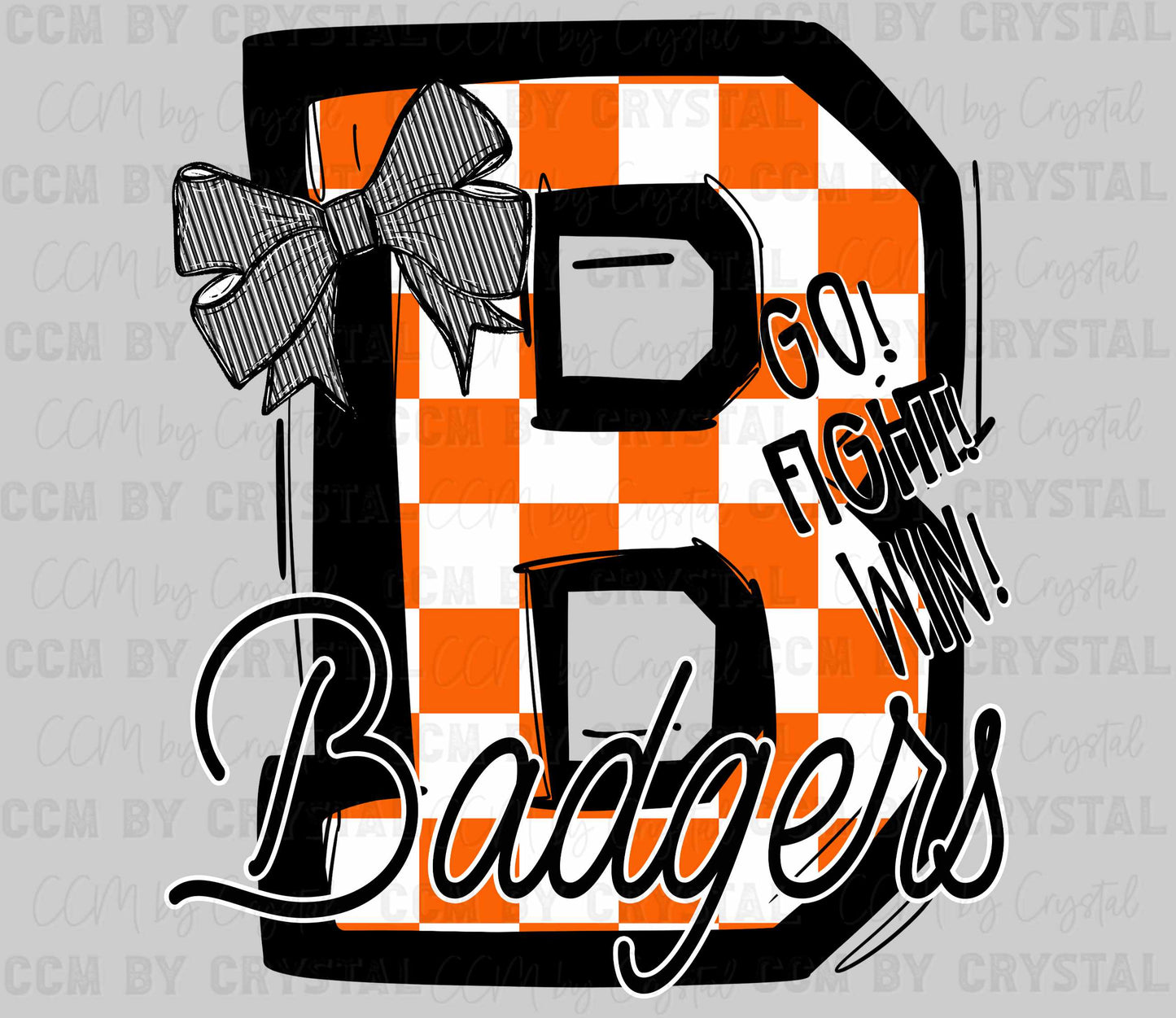 B Badgers Go Fight Win Orange Checkered Mascot Ready to Press Transfer DTF Transfer Sublimation Transfer