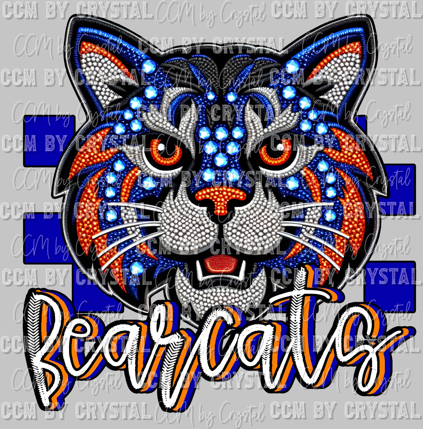 Bearcats Orange and Royal Blue Mascot Faux Rhinestone Effect Ready to Press Transfer DTF Transfer Sublimation Transfer (Copy)