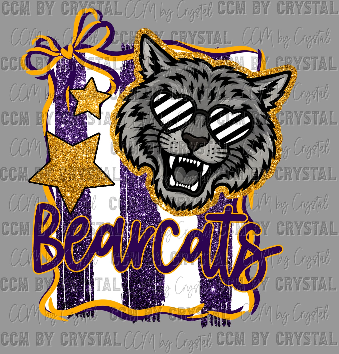 Bearcats Purple Yellow Mascot Fake Faux Glitter Ready to Press DTF Transfers Sublimation Transfers