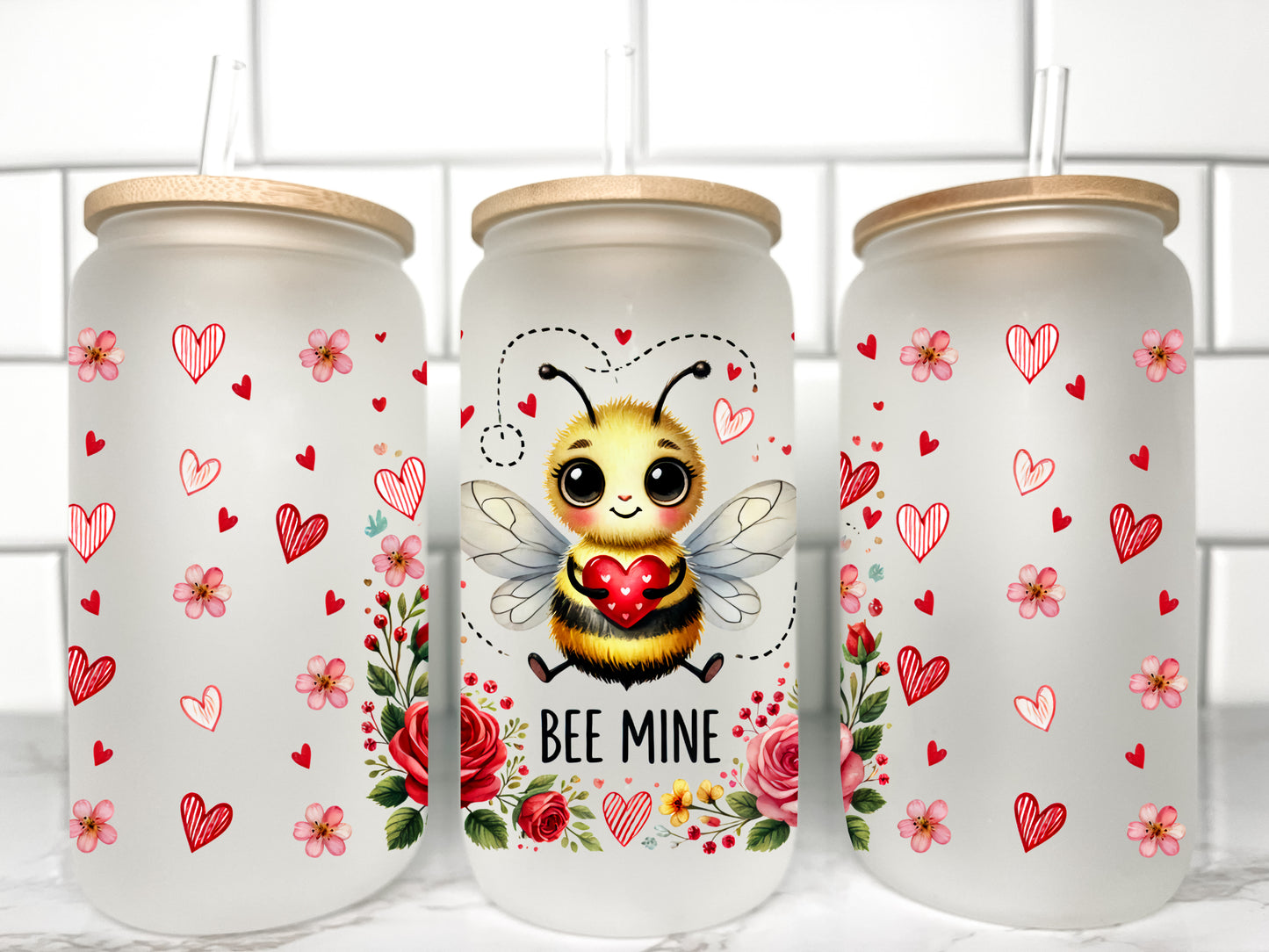 Bee Mine Valentines Day UV DTF Transfer 16oz Libby Glass Can Wrap Ready to Apply