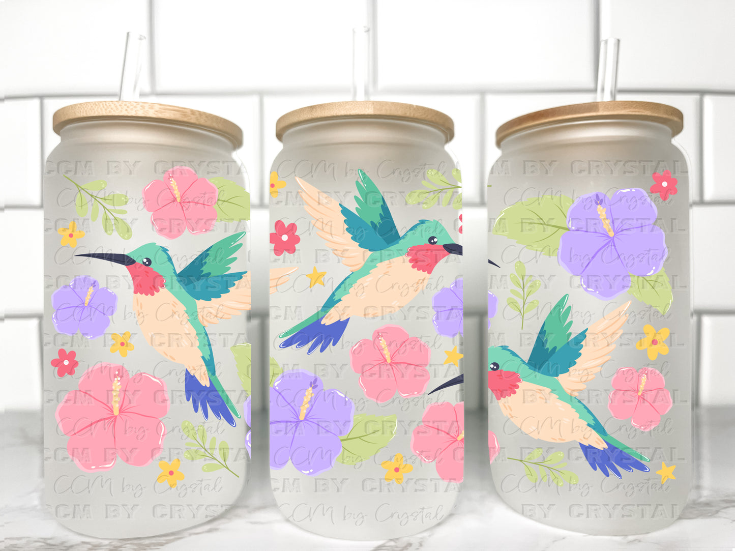 Pastel Hummingbirds UV Transfer 16oz Libby Glass Can Wrap Ready to Apply