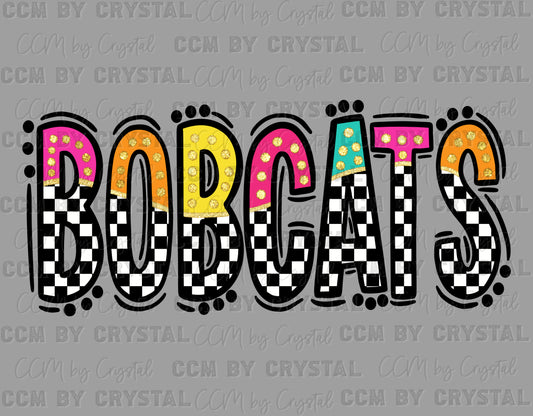 Bobcats Colorful Checkered Mascot Ready to Press Transfer DTF Transfer Sublimation Transfer