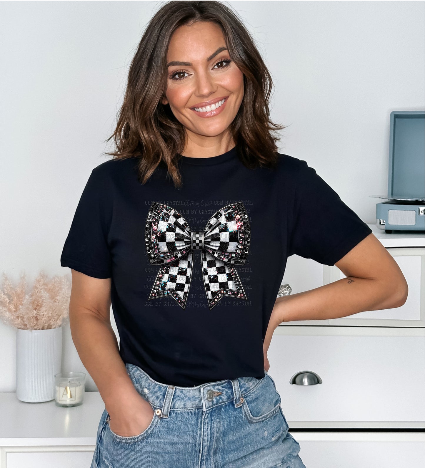 Checkered Bow Faux Glitter T-Shirt