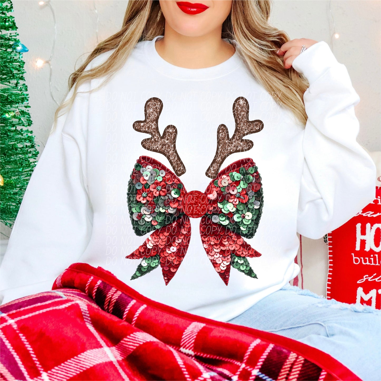 Christmas Reindeer Bow Faux Sequins Ready to Press Transfer DTF Transfer Sublimation Transfer