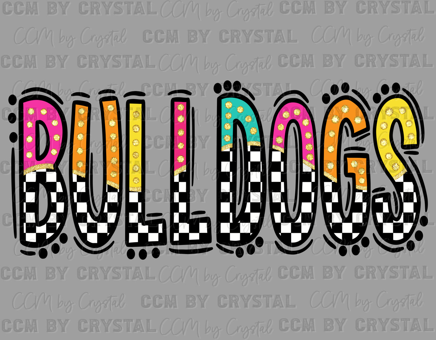 Bulldogs Colorful Checkered Mascot Ready to Press Transfer DTF Transfer Sublimation Transfer