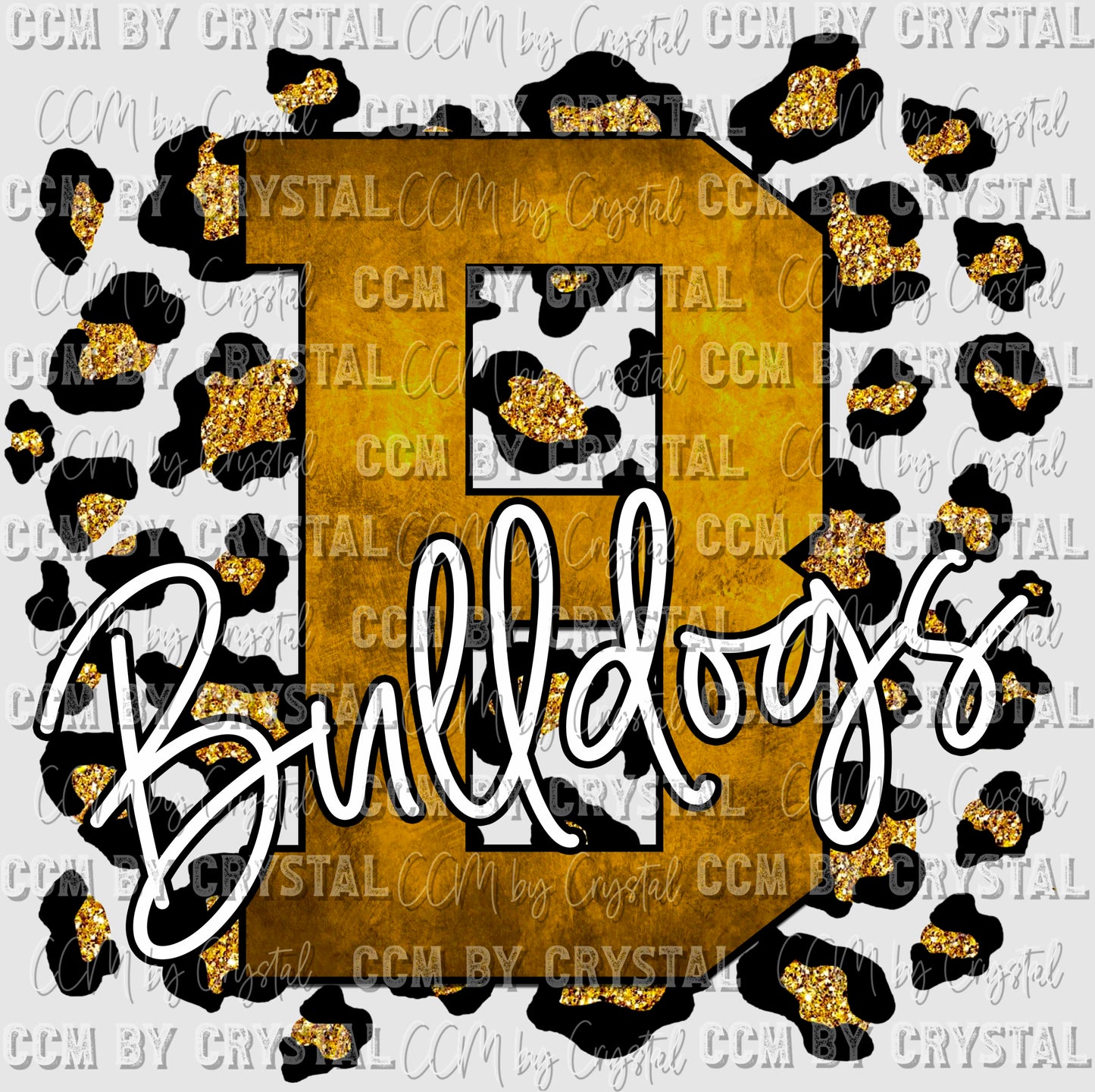 B Bulldogs Gold with Gold Leopard Background Mascot Ready to Press Transfer
