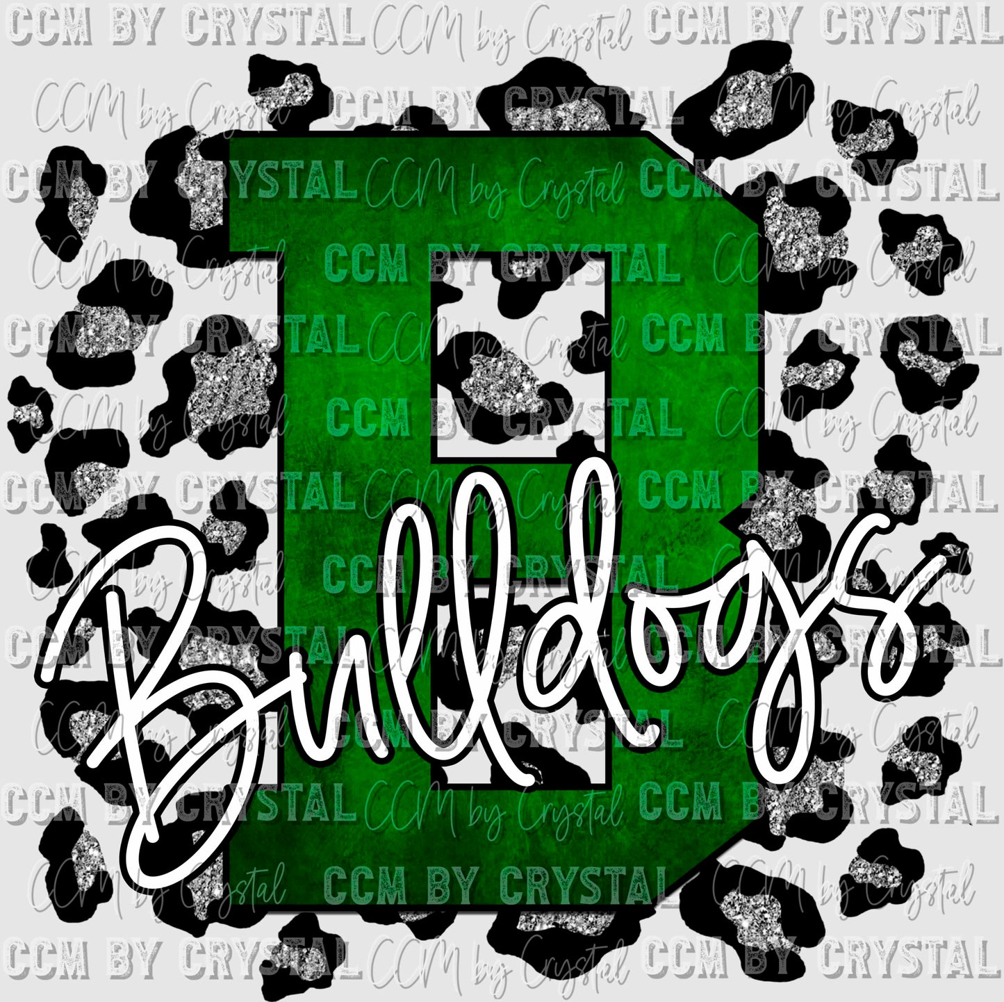 B Bulldogs Green with Silver Leopard Background Mascot Ready to Press Transfer