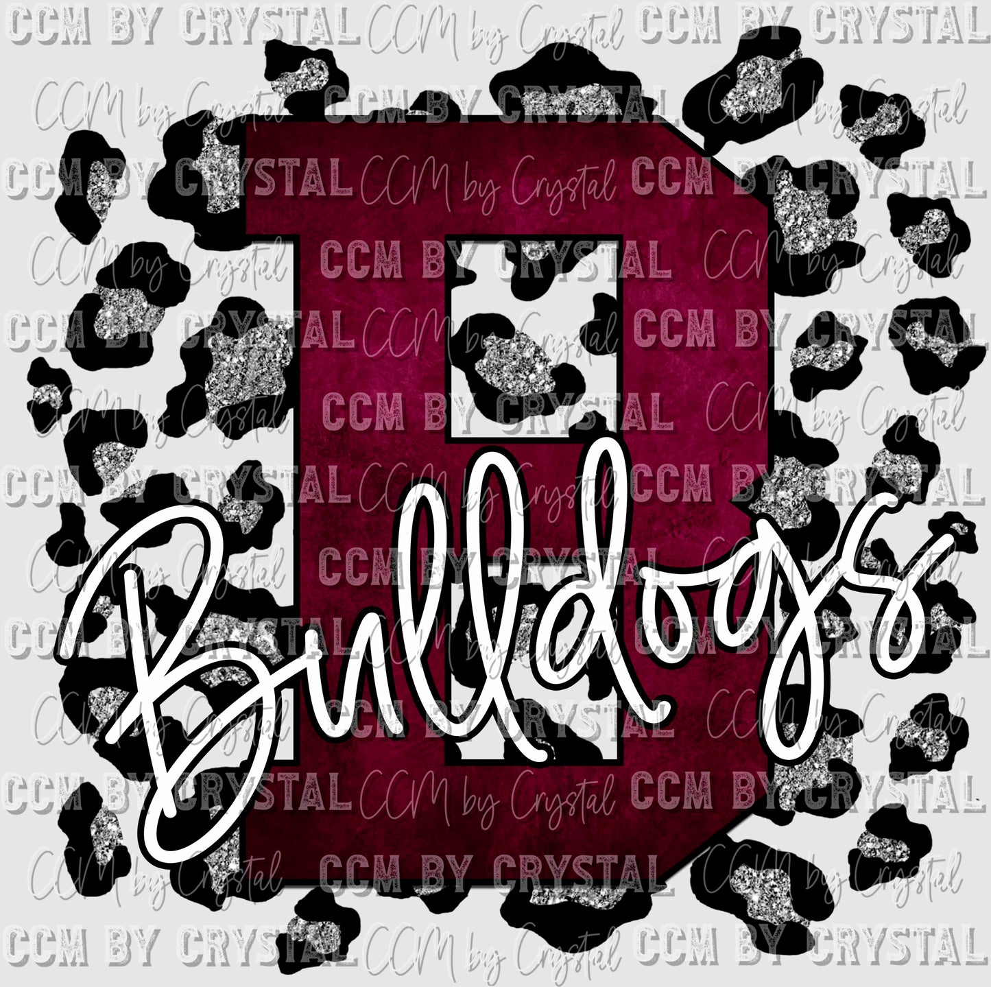 B Bulldogs Maroon with Silver Leopard Background Mascot Ready to Press Transfer