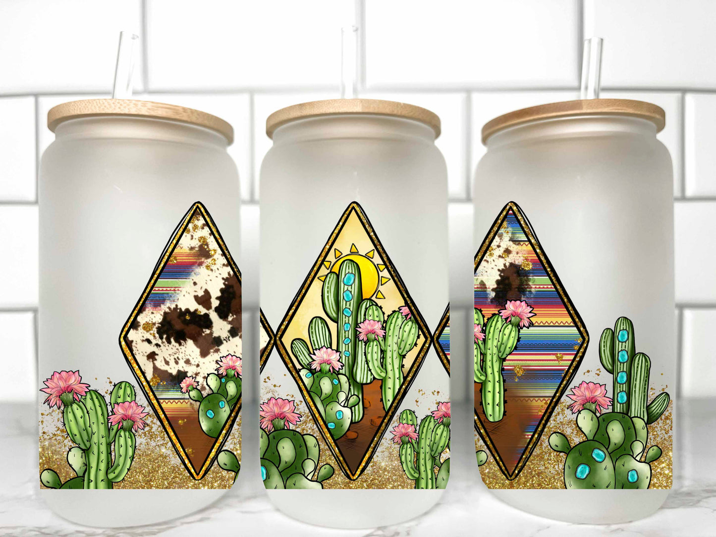 Cactus Desert UV DTF Transfer 16oz Libby Glass Can Wrap Ready to Apply