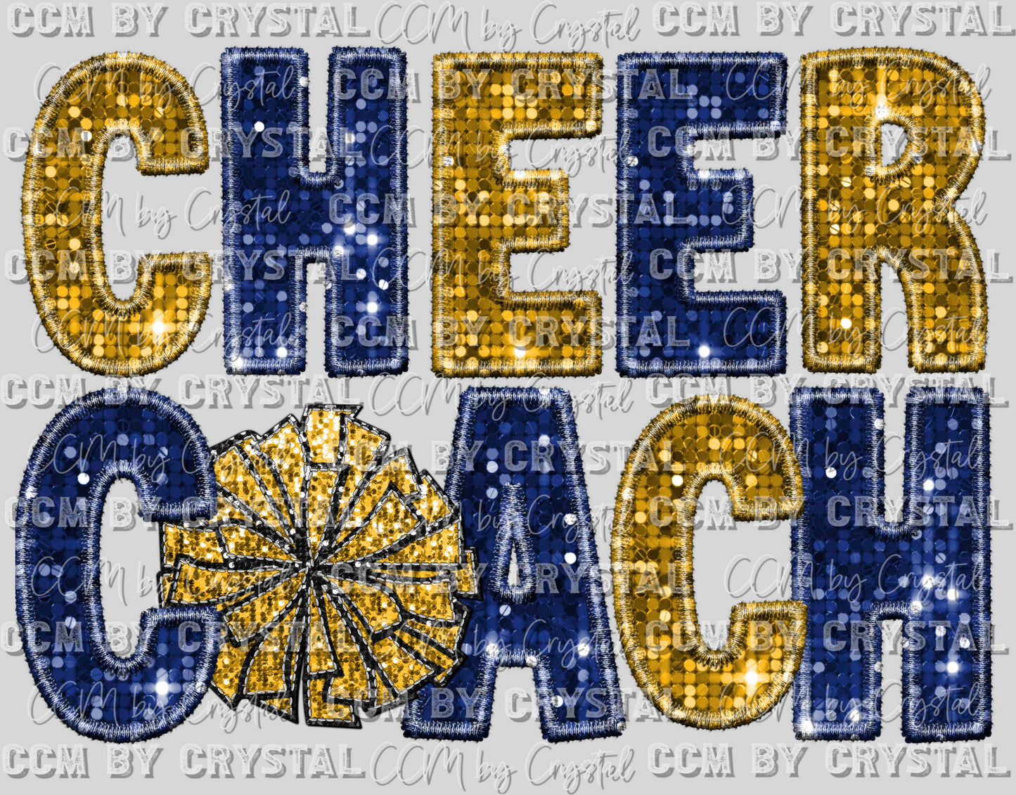 Cheer Coach Faux Sequins Faux Embroidery Blue Gold Ready to Press Transfer