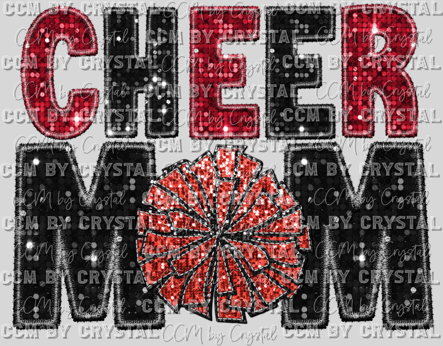 Cheer Mom Faux Sequins Faux Embroidery Red Black Ready to Press Transfer