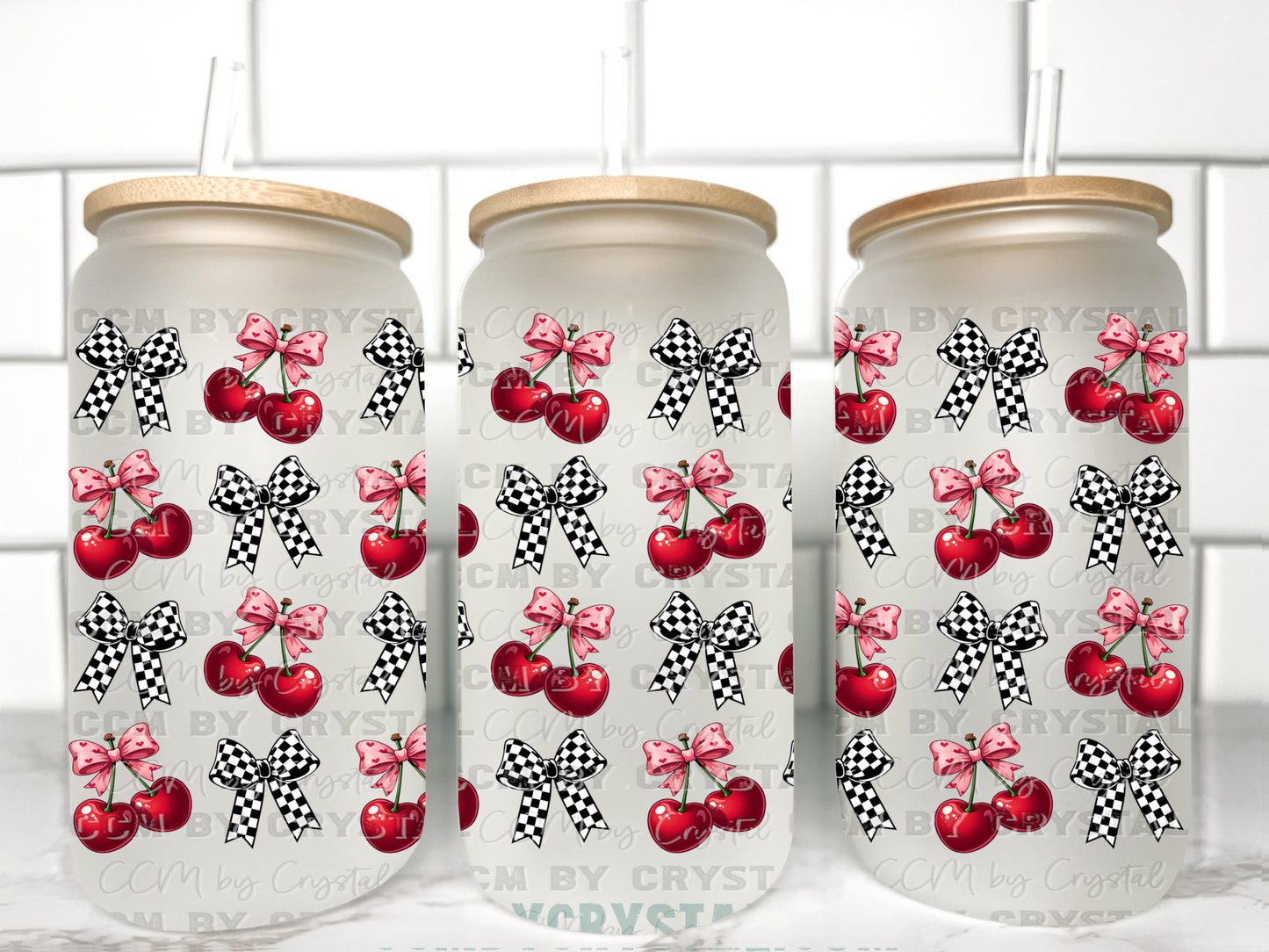 Checkered Cherries Bows UV Transfer 16oz Libby Glass Can Wrap Ready to Apply