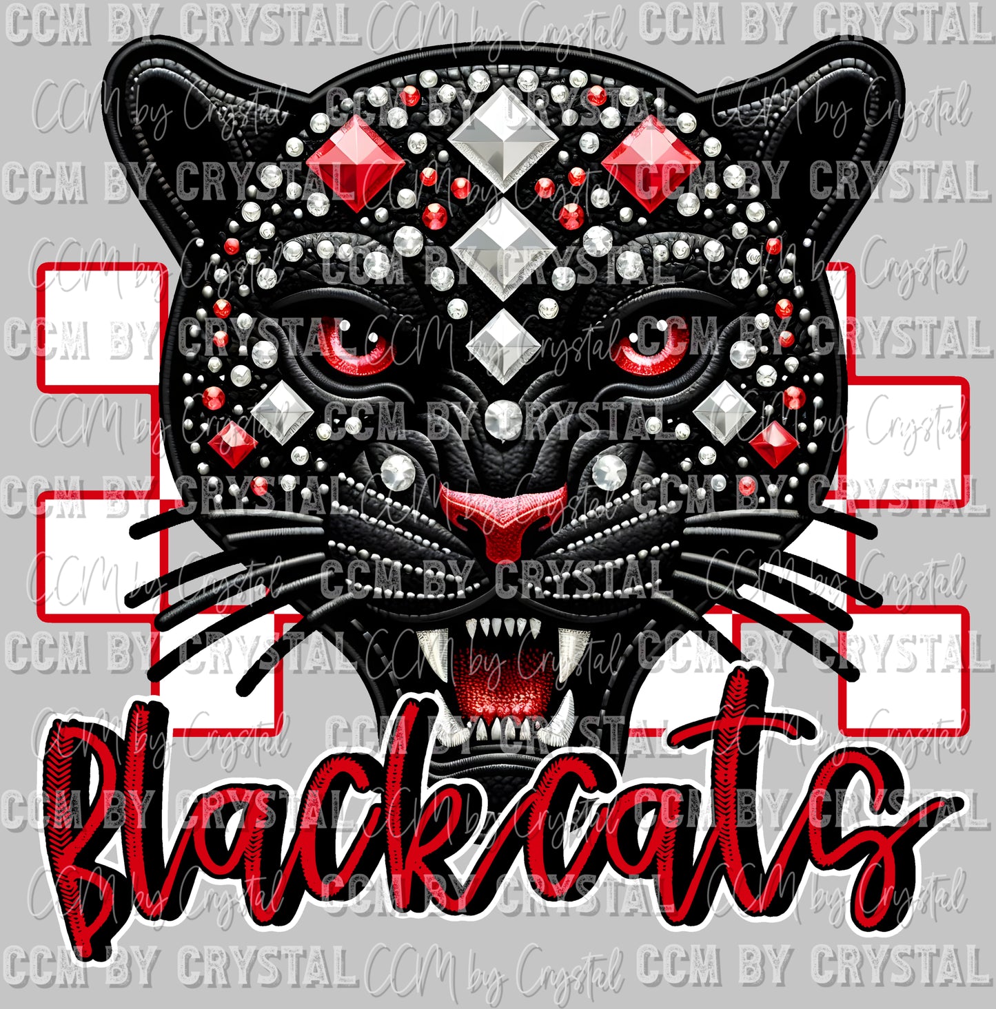 Blackcats Red White and Black Mascot Faux Rhinestone Effect Ready to Press Transfer DTF Transfer Sublimation Transfer