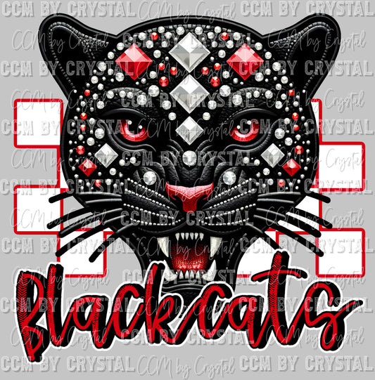 Blackcats Red White and Black Mascot Faux Rhinestone Effect Ready to Press Transfer DTF Transfer Sublimation Transfer