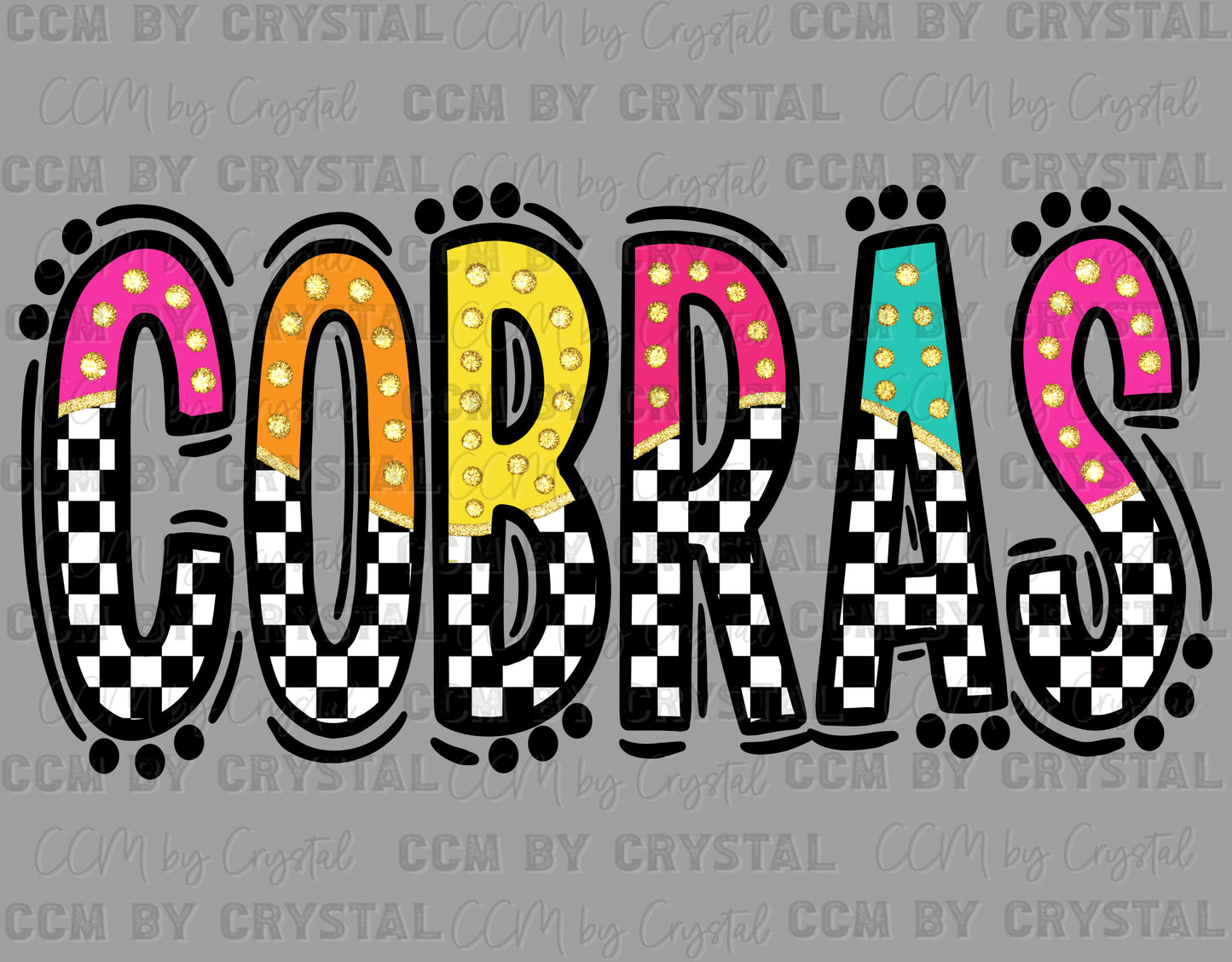 Cobras Colorful Checkered Mascot Ready to Press Transfer DTF Transfer Sublimation Transfer