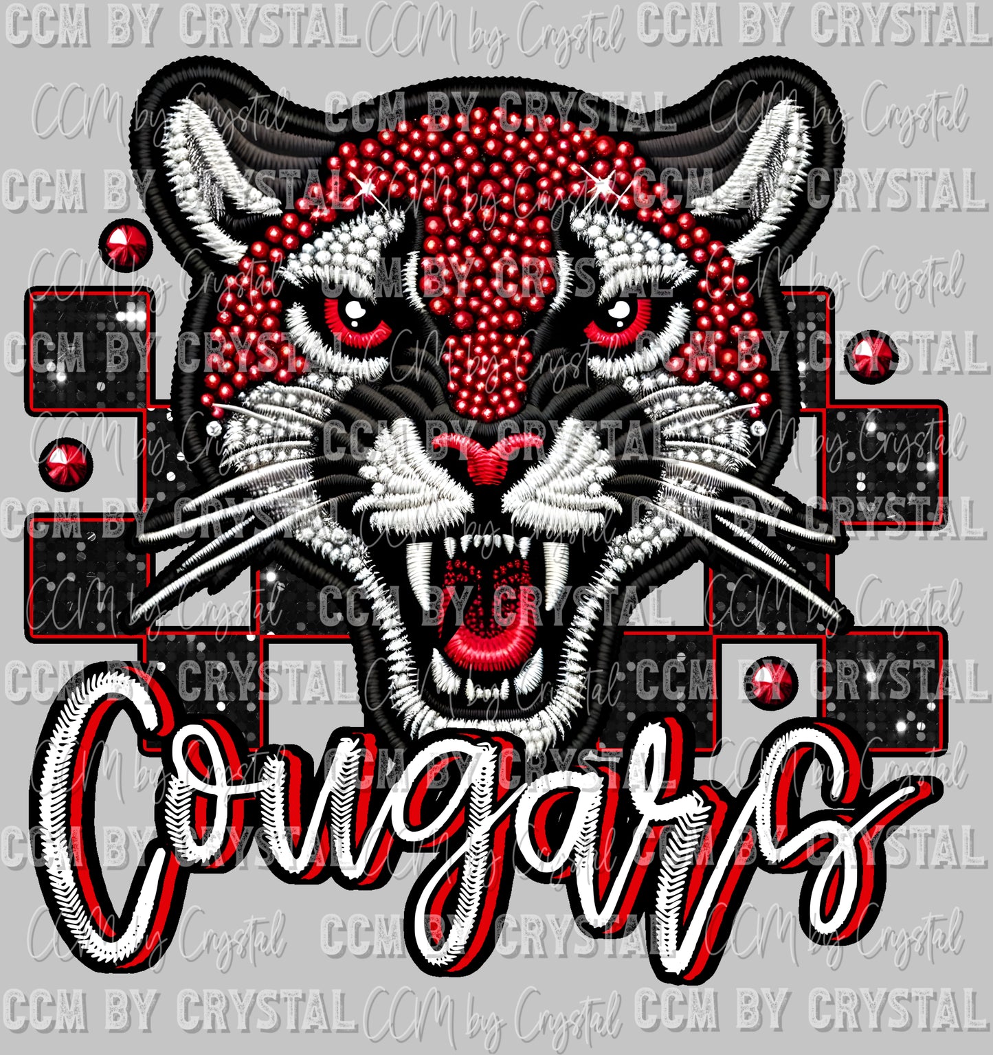 Cougars Red White and Black Mascot Faux Rhinestone Effect Ready to Press Transfer DTF Transfer Sublimation Transfer