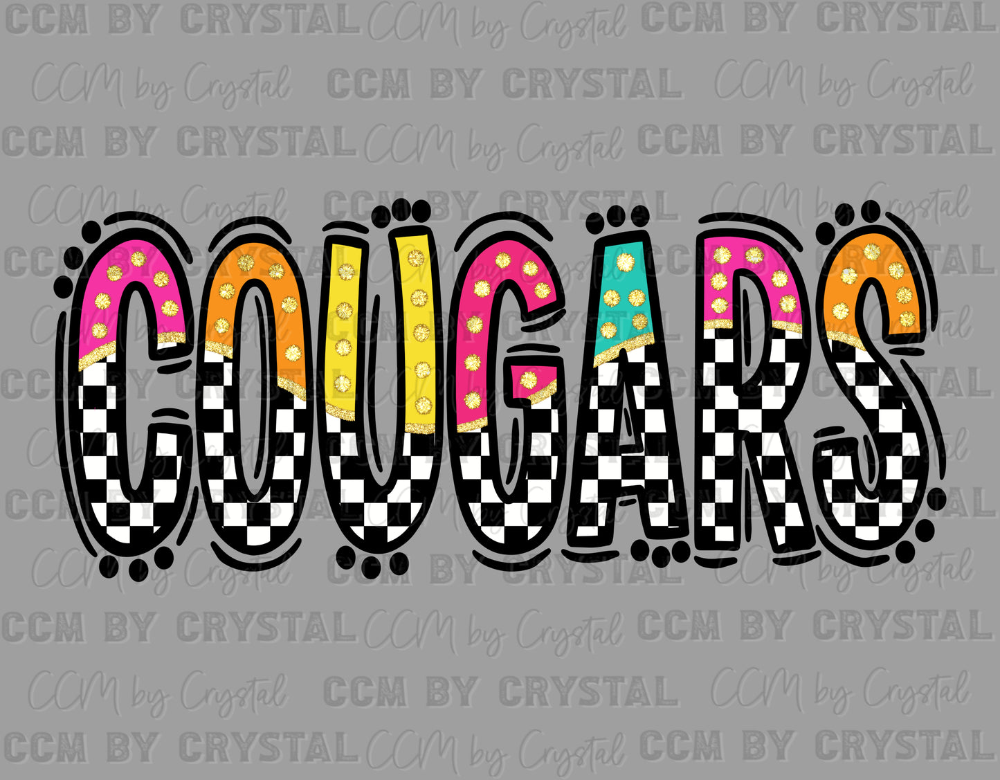 Cougars Colorful Checkered Mascot Ready to Press Transfer DTF Transfer Sublimation Transfer