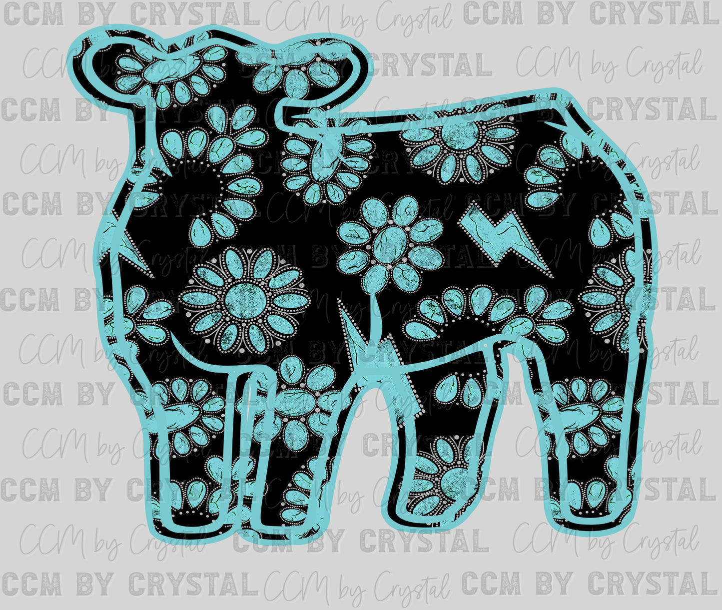 Teal Gem Show Cow Western Rodeo Ready to Press Instant Peel DTF Transfers Sublimation Transfers