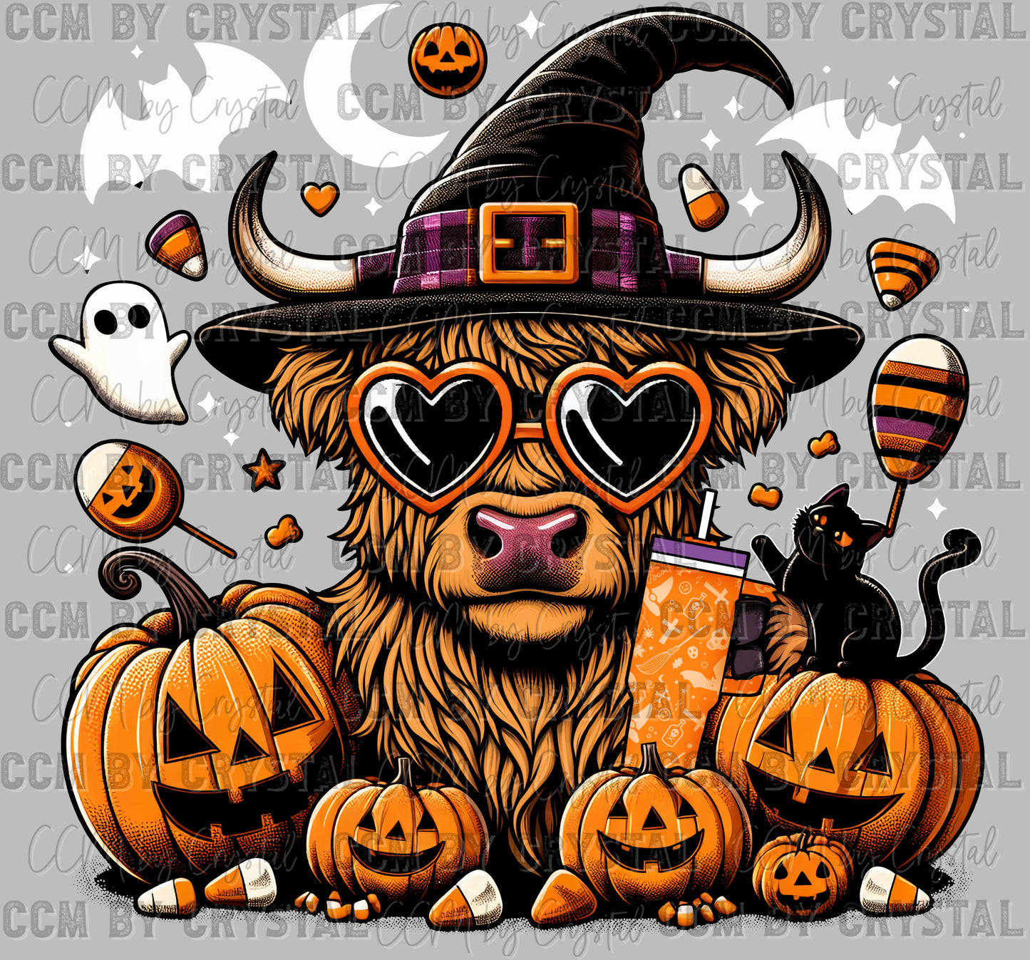 Highland Cow Halloween White Bats Ready to Press Transfer DTF Transfer Sublimation Transfer