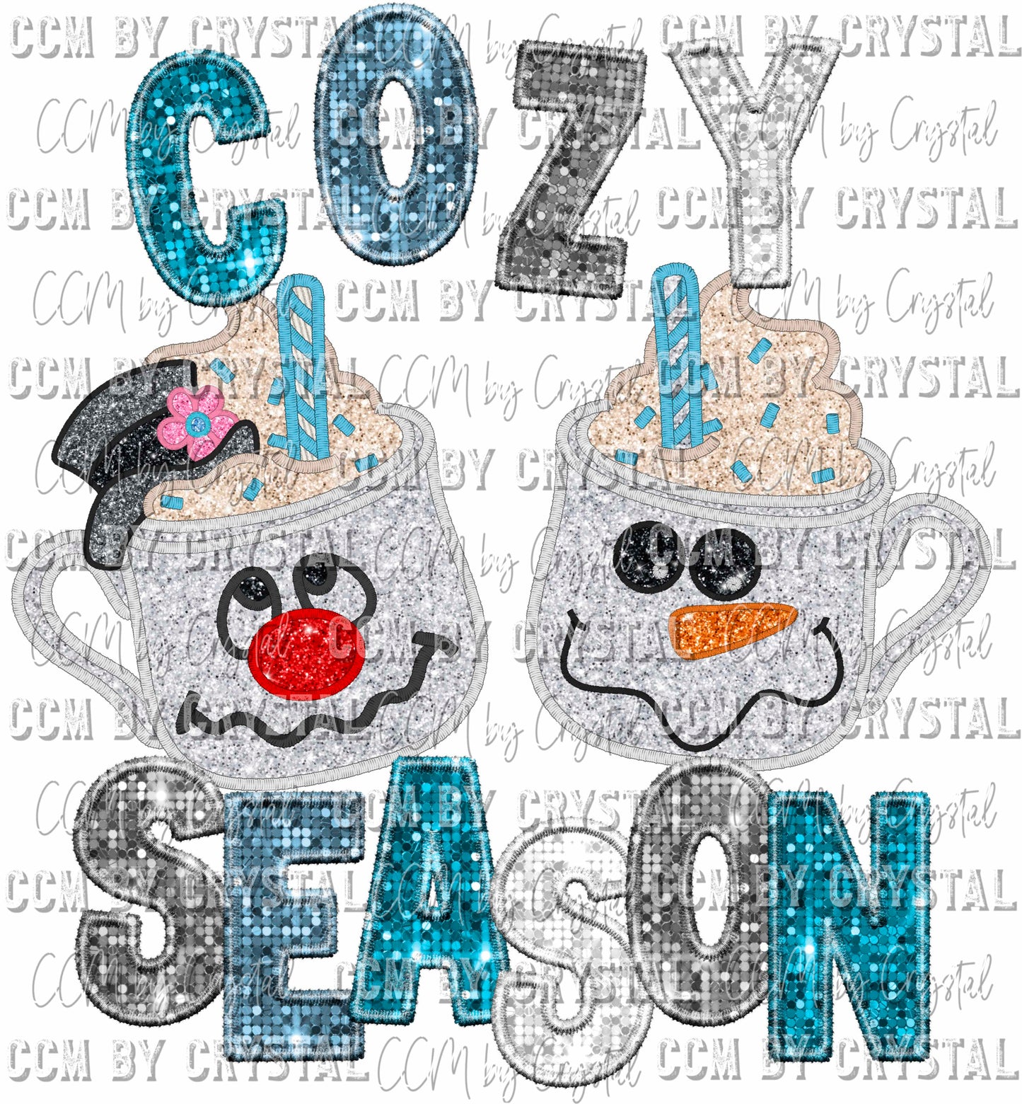 Cozy Season Winter Snowmen Mugs Christmas Faux Sequins Faux Embroidery Ready to Press Transfer