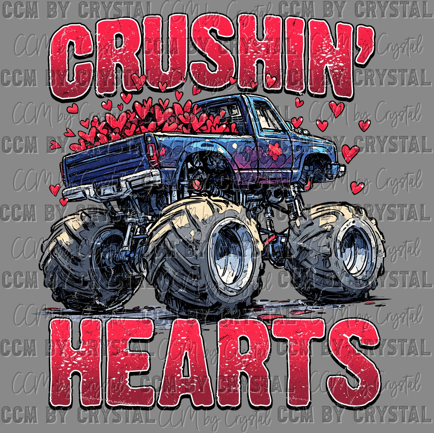 Crushing Hearts Valentines Day Monster Truck Ready to Press DTF Transfers Sublimation Transfers