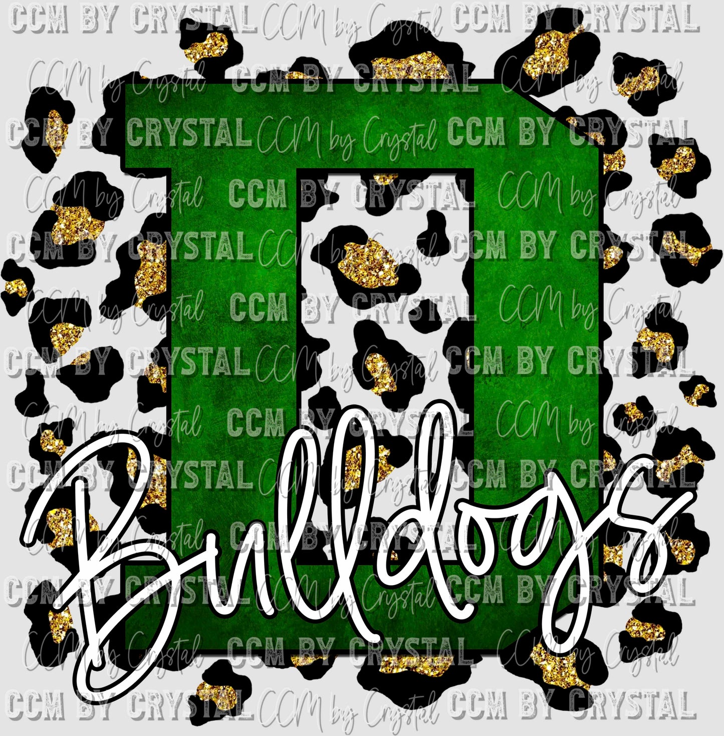 D Bulldogs Green with Gold Leopard Background Mascot Ready to Press Transfer