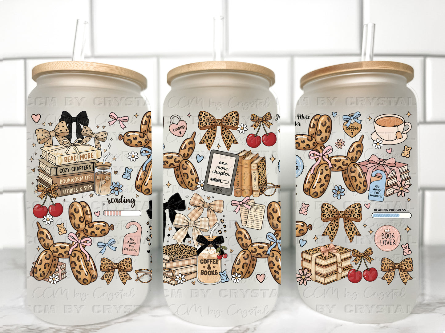 Leopard Dog Balloons Books UV Transfer 16oz Libby Glass Can Wrap Ready to Apply