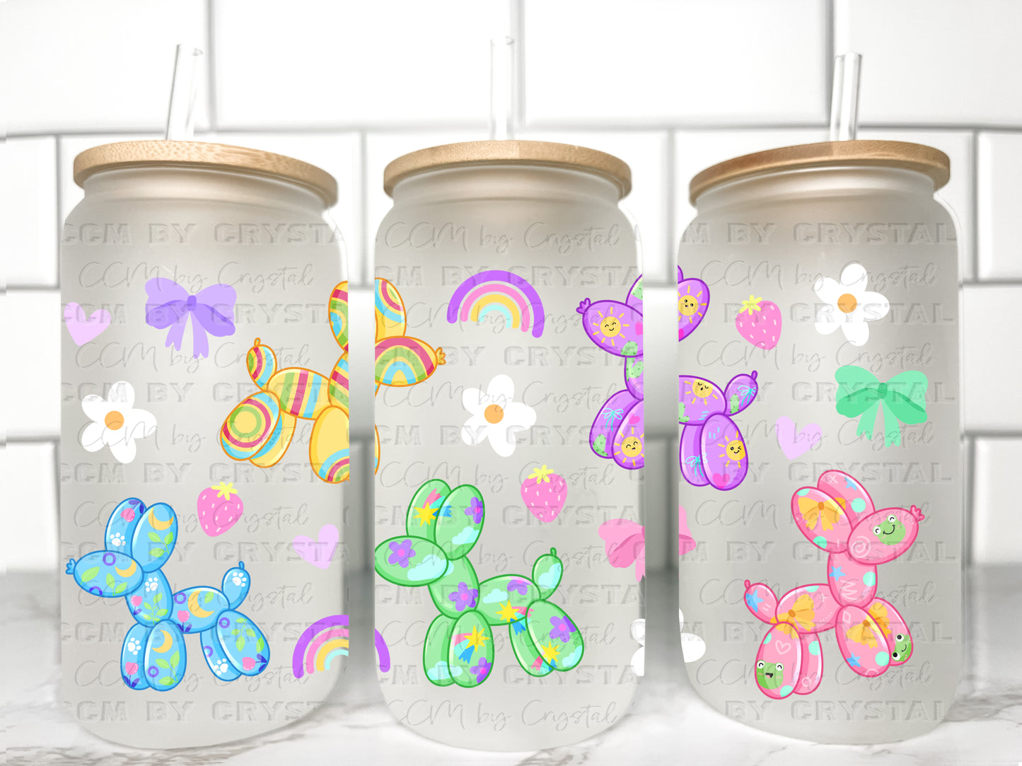 Pastel Dog Balloons UV Transfer 16oz Libby Glass Can Wrap Ready to Apply