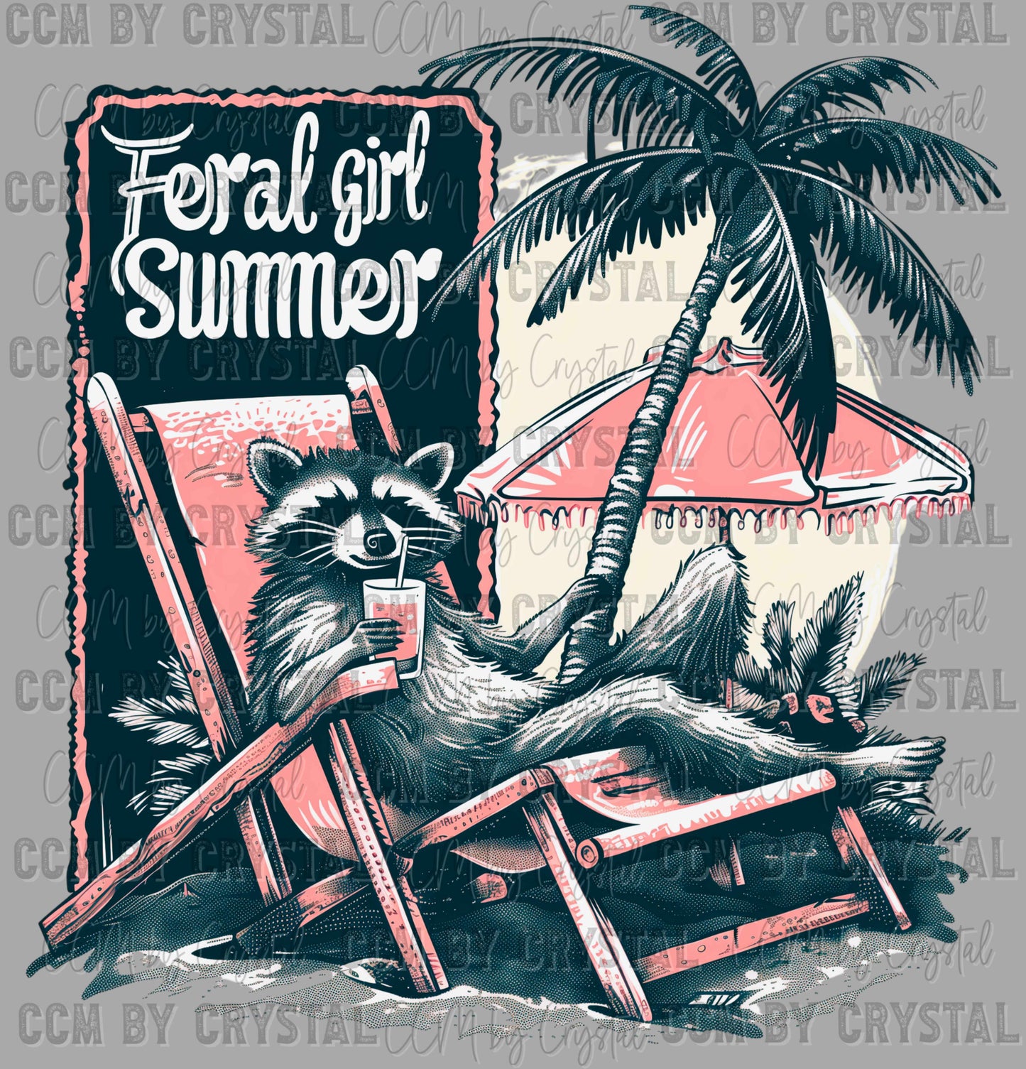 Feral Girl Summer Raccoon Ready to Press Transfer DTF Transfer Sublimation Transfer