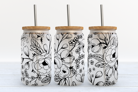 Black Floral UV Transfer 16oz Libby Glass Can Wrap Ready to Apply