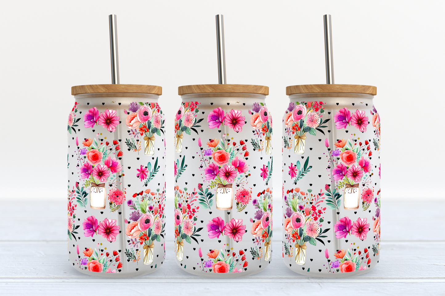 Flowers Floral UV DTF Transfer 16oz Libby Glass Can Wrap Ready to Apply