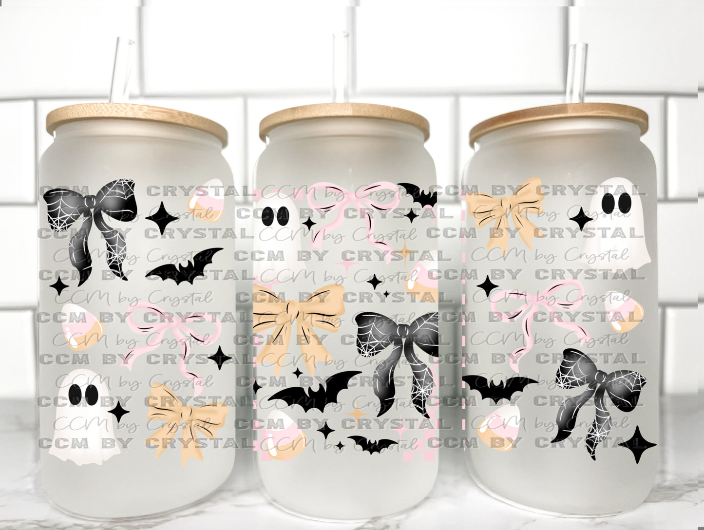 Bows and Ghosts Halloween UV Transfer 16oz Libby Glass Can Wrap Ready to Apply