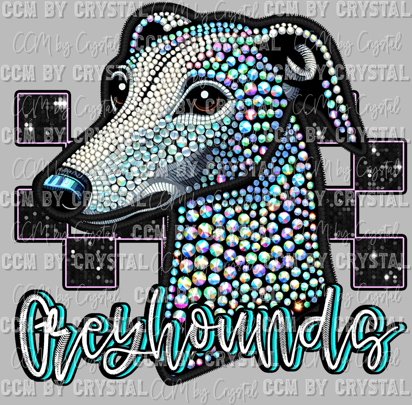 Greyhounds Mascot Faux Rhinestones Effect Ready to Press Transfer DTF Transfer Sublimation Transfer