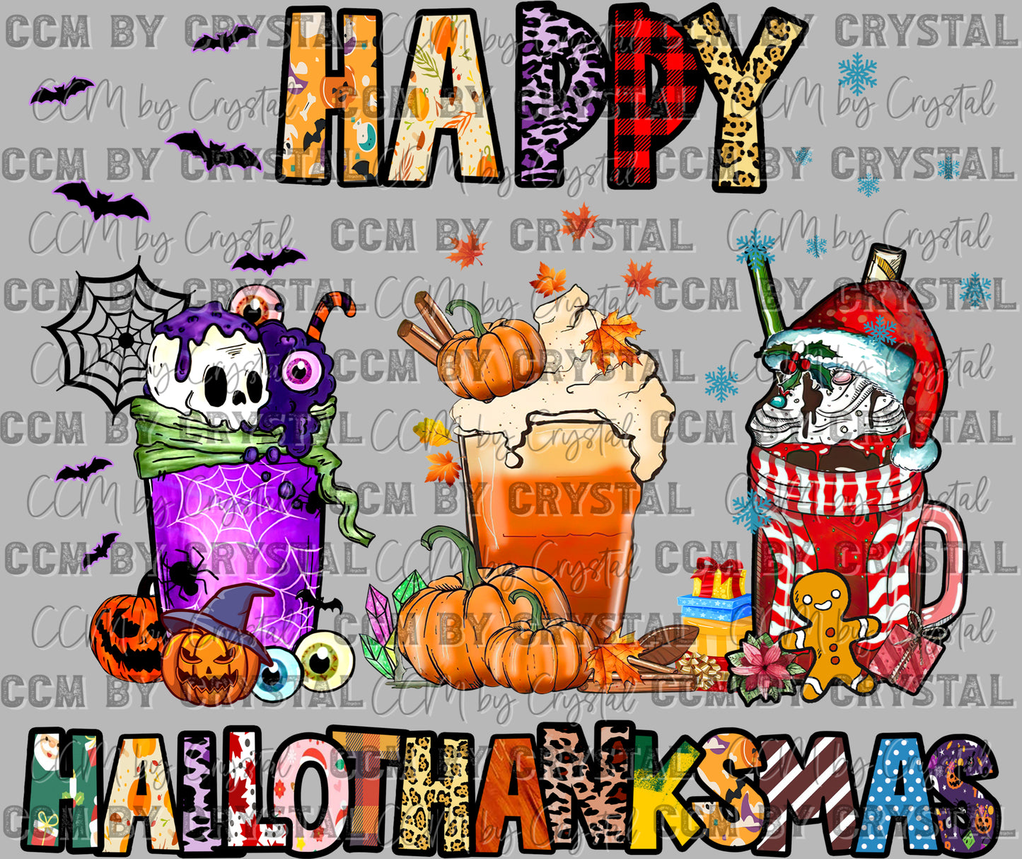 Happy Hallowthanksmas Thanksgiving Christmas Halloween Ready to Press Transfer DTF Transfer Sublimation Transfer