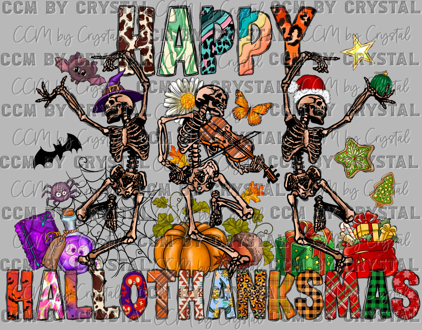Happy Hallowthanksmas Thanksgiving Christmas Halloween Ready to Press Transfer DTF Transfer Sublimation Transfer