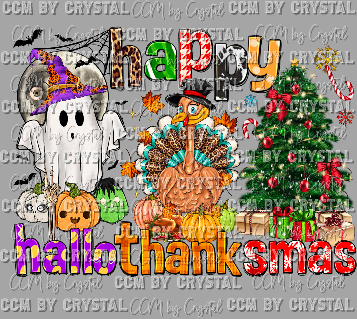 Happy Hallowthanksmas Halloween Thanksgiving Christmas Fall Ready to Press Transfer DTF Transfer Sublimation Transfer